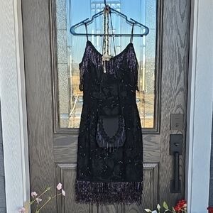 Chic Black and Purple Mini Flapper Girl Dress with Beaded Fringe